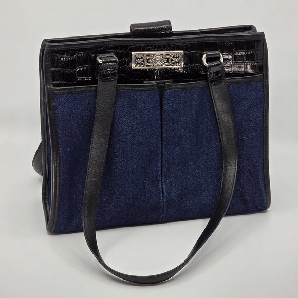 Vintage Brighton Blue Denim & Black Croc Embossed Leather Tote Bag Silver Hardwa - Picture 2 of 5